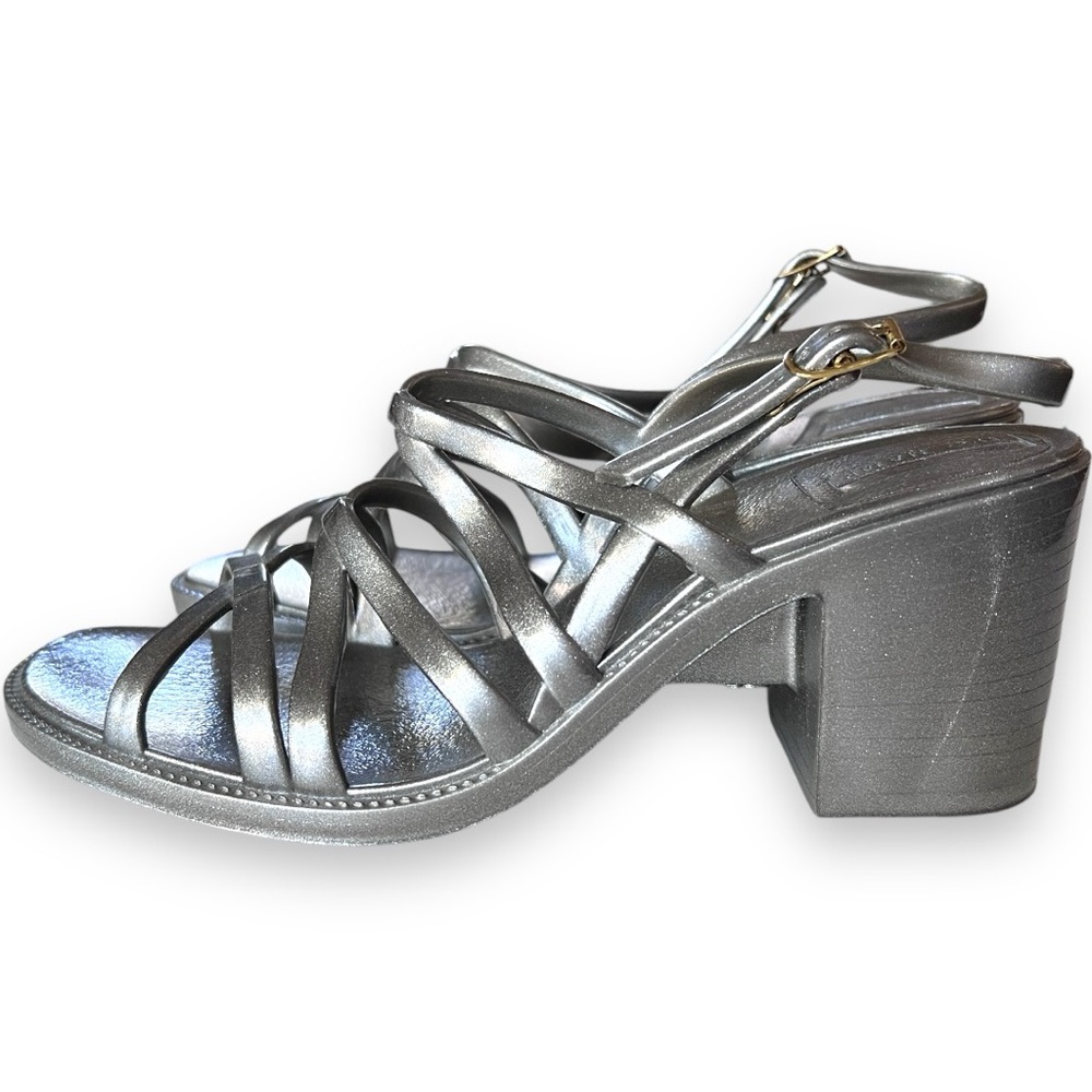 NO NAME Sandals Vintage Metallic Pewter Jelly Rubber Strappy Y2K Sz 36